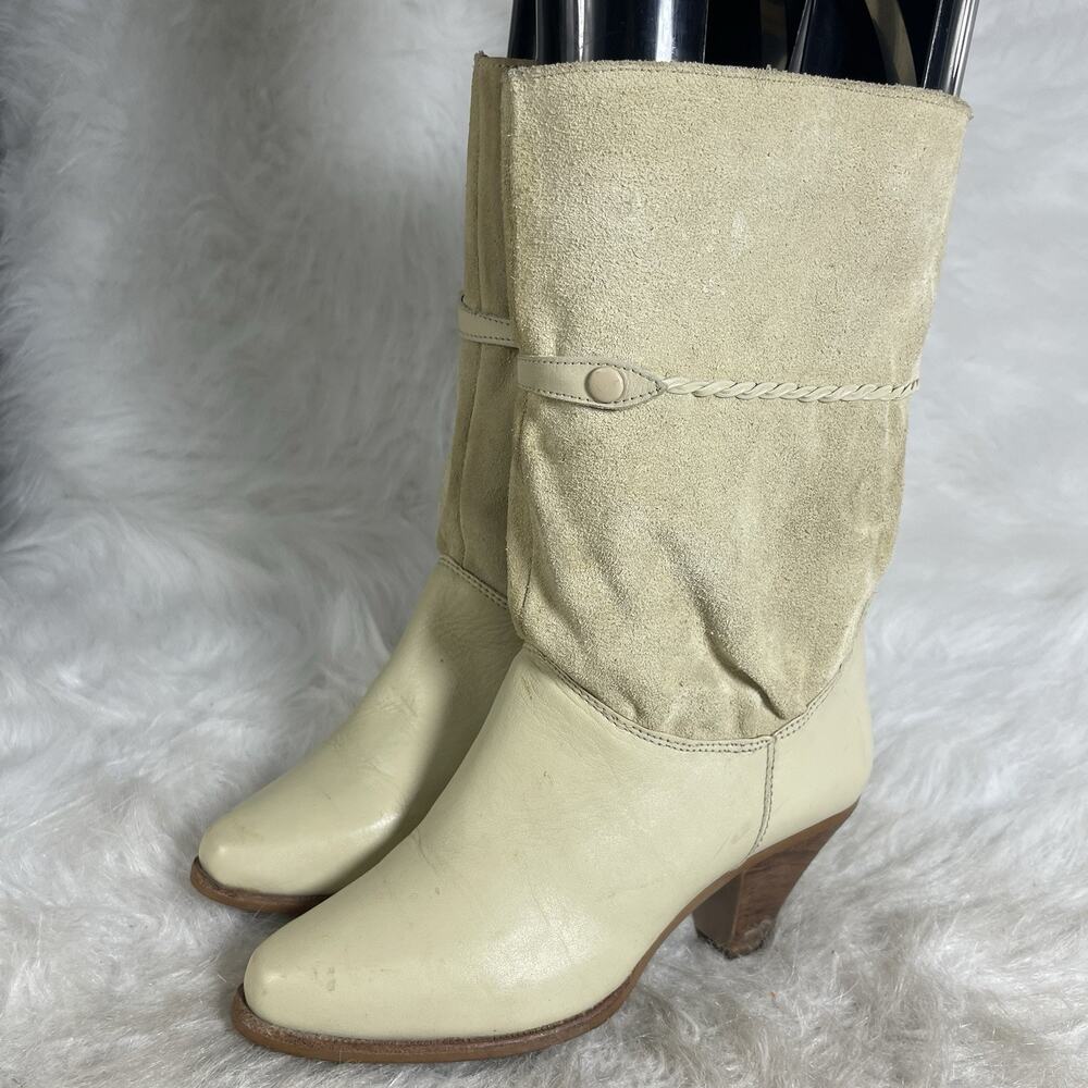 Women’s Ivory Leather Suede Mid Calf Boots Size 6M Block Heel Western Boho